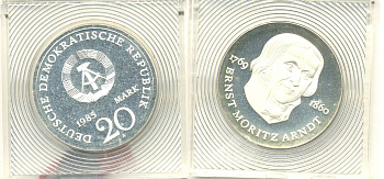 ГДР 20 марок 1985 А, 125 лет со дня смерти Эрнста Морица Арндта (1769-1860), тираж 4000 экземпляров, в оригинальной коробке с пломбой J.1605, KM 105 серебро PROOF 5-3-1-03