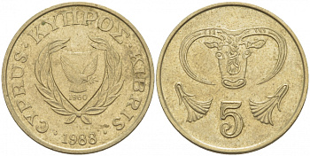 КИПР 5 ЦЕНТОВ 1988 ГОЛОВА БЫКА KM 55.2 никель латунь 212-1124