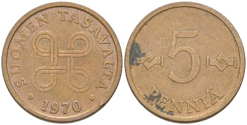 Финляндия 5 пенни 1970 KM 45 медь 4516-1261