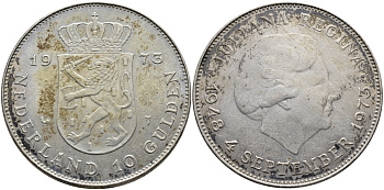 Нидерланды 10 гульденов 1973 25 лет правления королевы Юлианы KM 196 серебро UNC 1528-141