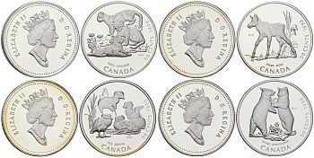 Канада набор из 4 монет по 50 центов 1996 серия природа, детеныши диких животных, в оригинальной коробке, сертификат KM 283, 284, 285, 286 серебро  PROOF  4-4-1-51