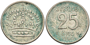 Швеция 25 эре 1960 Густав VI Адольф (1950-1973) KM 824 серебро 4564-753