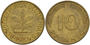 ФРГ 10 пфеннигов 1983 F J. 383, KM 108 сталь плакированная латунью    4603-525