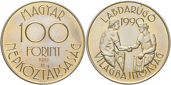 Венгрия 100 форинтов 1989 Чемпионат мира по футболу 1990, Италия KM 668 медь цинк никель BU 1088-9-32