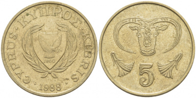 КИПР 5 ЦЕНТОВ 1988 ГОЛОВА БЫКА KM 55.2 никель латунь 212-1124