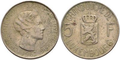 Люксембург 5 франков 1962 Великая герцогиня Шарлотта (1919-1964) KM 51 медно-никель 4573-125