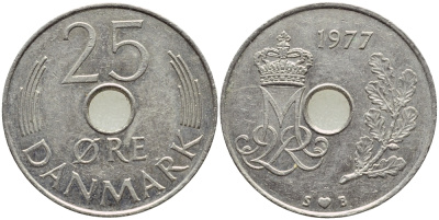 ДАНИЯ 25 ЭРЕ 1977 S; B, МАРГРЕТЕ II (1972-) KM 861.1 медно-никель 4397-217