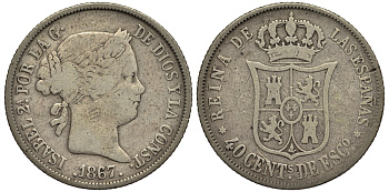 ИСПАНИЯ 40 СЕНТИМО 1867 ИЗАБЕЛЛА KM 628.2 серебро 1521-1632