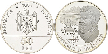 Молдова 50 лей 2001 125 лет со дня рождения Константин Бранкузи, тираж 1000 экземпляров, оригинальная коробка, сертификат серебро 7-6-1-40