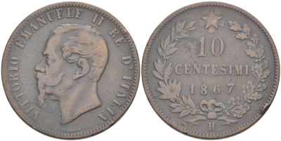 Италия 10 чентезимо 1867 H, Виктор Эммануил II (1861-1878) KM 11.3 медь 4526-836