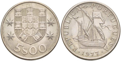 ПОРТУГАЛИЯ 5 ЭСКУДО 1977 ПАРУСНИК KM 591 медно-никель UNC 4513-1047