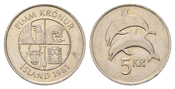 Исландия 5 крон 1981 дельфины KM 28 медно-никель 4591-815