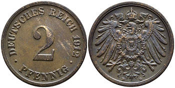 Германия 2 пфеннига 1912 D KM 16, J. 11, Weege 4 медь 4546-721