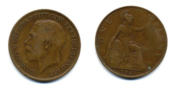 Великобритания 1 пенни 1921 Георг V (1910-1936) KM 810, Spink 4051 бронза 47-612