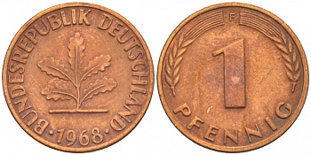 ФРГ 1 ПФЕННИГ 1968 F KM 105, J.380 сталь плакированная медью 4396-1518