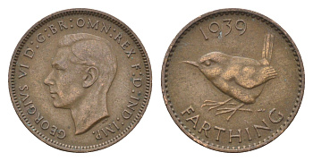 Великобритания 1 фартинг 1939 Георг VI (1936-1952) KM 843, Spink 4116 бронза 4664-329
