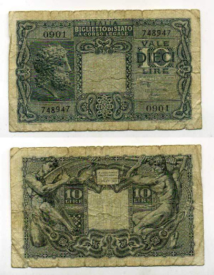 Италия 10 лир 1944 BoLaffi, CavalLaro Pick 32c, Grapanzano BS 49 бумага 000-00-00
