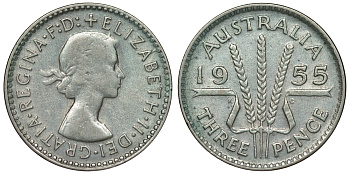 Австралия 3 пенса 1955 m, Елизавета II (1952-2022) KM 57 серебро 71-418