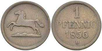 БРАУНШВЕЙГ-ВОЛЬФЕНБЮТТЕЛЬ 1 ПФЕННИГ 1856 В, ВИЛЬГЕЛЬМ (1831-1884) KM 1142 медь 210-145