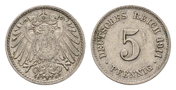 Германия 5 пфеннигов 1911 G, Вильгельм II (1888-1918) KM 11, J. 12 медно-никель 4636-244
