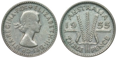 Австралия 3 пенса 1955 m, Елизавета II (1952-2022) KM 57 серебро 71-418