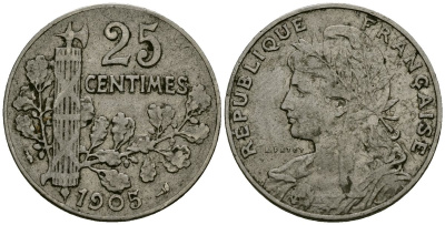 Франция 25 сантимов 1905 KM 856 никель 4171-1224