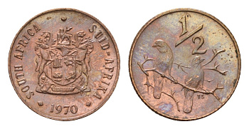 ЮАР 1/2 цента 1970 два капских воробья на ветке KM 81 бронза UNC 100-1211