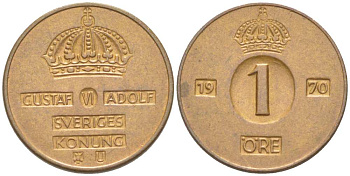 Швеция 1 эре 1970 U, Густав VI Адольф (1950-1973) KM 820 бронза 4516-431