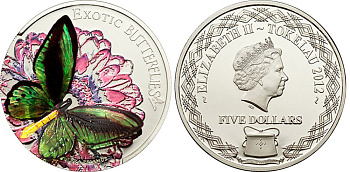 Токелау 5 долларов 2012 бабочка, Орнитоптера приам, 3D KM NEW серебро PROOF 1074-2-53