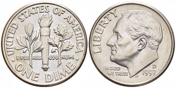 США 10 ЦЕНТОВ = 1 ДАЙМ 1977 D, РУЗВЕЛЬТ KM 195а медь плакированная медно-никелем 4547-947