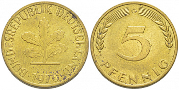 ФРГ 5 ПФЕННИГОВ 1970 G KM 107 J. 382 сталь плакированная латунью 3955-562