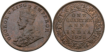 Британская Индия 1/4 анна 1936 Георг V (1910-1936) KM 512 бронза UNC 94-232