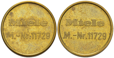 ЕВРОПА ЖЕТОН ND ДЛЯ СТИРАЛЬНЫХ МАШИН, В ПРАЧЕЧНОЙ НА ПОЛУЧЕНИЕ МЫЛА, MIELE M.-Nr 11729, ДИАМЕТР 17 ММ. желтый металл 28-744
