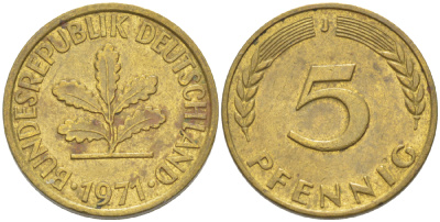 ФРГ 5 ПФЕННИГОВ 1971 J KM 107, J. 382 сталь плакированная латунью 4181-931