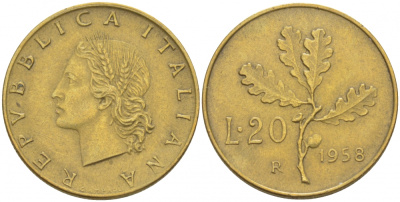 ИТАЛИЯ 20 ЛИР 1958 R ДУБОВАЯ ВЕТВЬ KM 97.1 алюминиевая бронза 3718-255