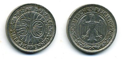 Германия 50 рейхспфеннигов 1927 A KM 49, J. 324 никель 58-141