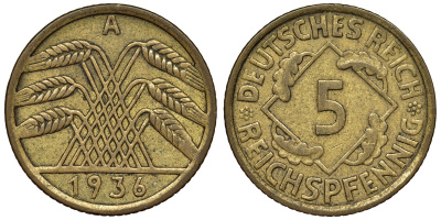 Германия 5 рейхспфеннигов 1936 A KM 39, J. 316 алюминиевая бронза 4124-267