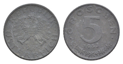 Австрия 5 грошей 1953 KM 2875 цинк 4567-226