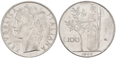 Италия 100 лир 1966 R, богиня Афина KM 96.1 нержавеющая сталь 259-147