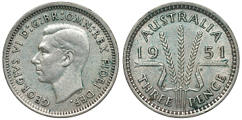 Австралия 3 пенса 1951 m, Георг VI (1937-1952), без букв KM 44 серебро 71-322