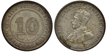 Стрейтс-Сетлментс 10 центов 1927 Георг V (1910-1936) КМ 29b серебро 53-631