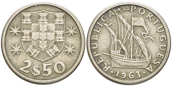 Португалия 2,5 эскудо 1963 парусник KM 590 медно-никель 213-236