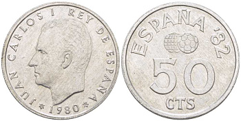 Испания 50 сентимо 1980 (80) чемпионат мира по футболу в Испании 1982 года, Хуан Карлос I (1975-) KM 815 алюминий 214-621
