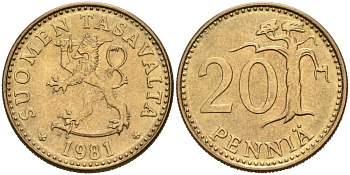 ФИНЛЯНДИЯ 20 ПЕННИ 1981 K KM 47 алюминиевая бронза 4563-331