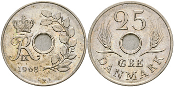 Дания 25 эре 1968 С;S, Фредерик IX (1947-1972) KM 855.1 медно-никель 4364-2546