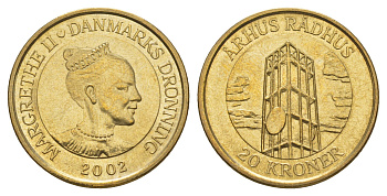 Дания 20 крон 2002 Башня Ратуши, Орхус KM 889 алюминиевая бронза UNC 4657-1233