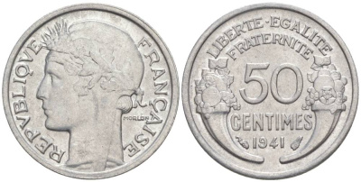 ФРАНЦИЯ 50 САНТИМОВ 1941 ТИП MORLON LOURDE KM 894.1a, LE FRANC 193.2 алюминий 44-254