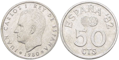 Испания 50 сентимо 1980 (80) чемпионат мира по футболу в Испании 1982 года, Хуан Карлос I (1975-) KM 815 алюминий 214-621