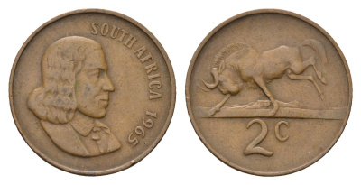 ЮАР 2 цента 1965 Ян ван Рибек (1619-1677), South Africa, легенда на английском, антилопа KM 66.1 бронза 4700-1232