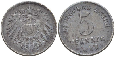 ГЕРМАНИЯ 5 ПФЕННИГОВ 1922 D KM 19, J. 297, Weege 5 железо 206-756